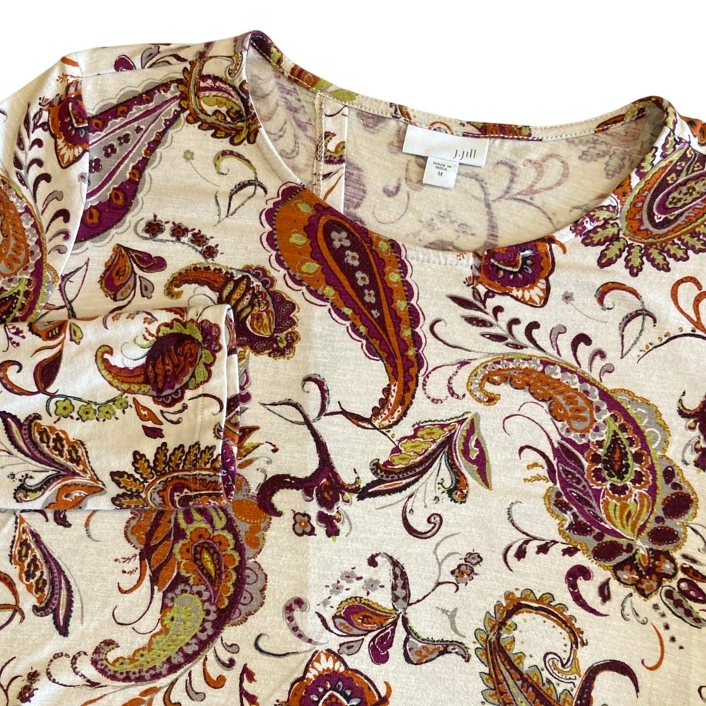 J. Jill Womens Medium Paisley Cream Long Sleeve Top Cotton Modal Stretch BOHO